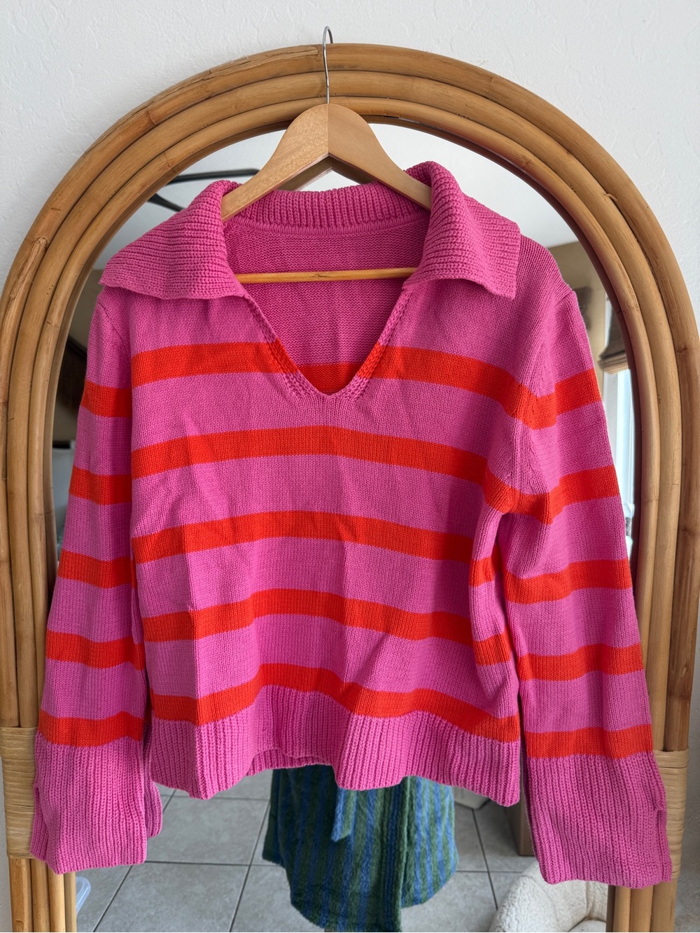 Women's V-Neck Collared Stripe Sweater in Pink and Red